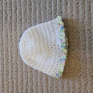 White Crochet Baby Beanie with Multicolor Trim